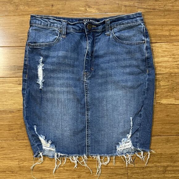 Wax Jean Distressed Denim Mini Skirt Women's Small Blue Wash Raw Hem Rockabilly - Picture 1 of 8